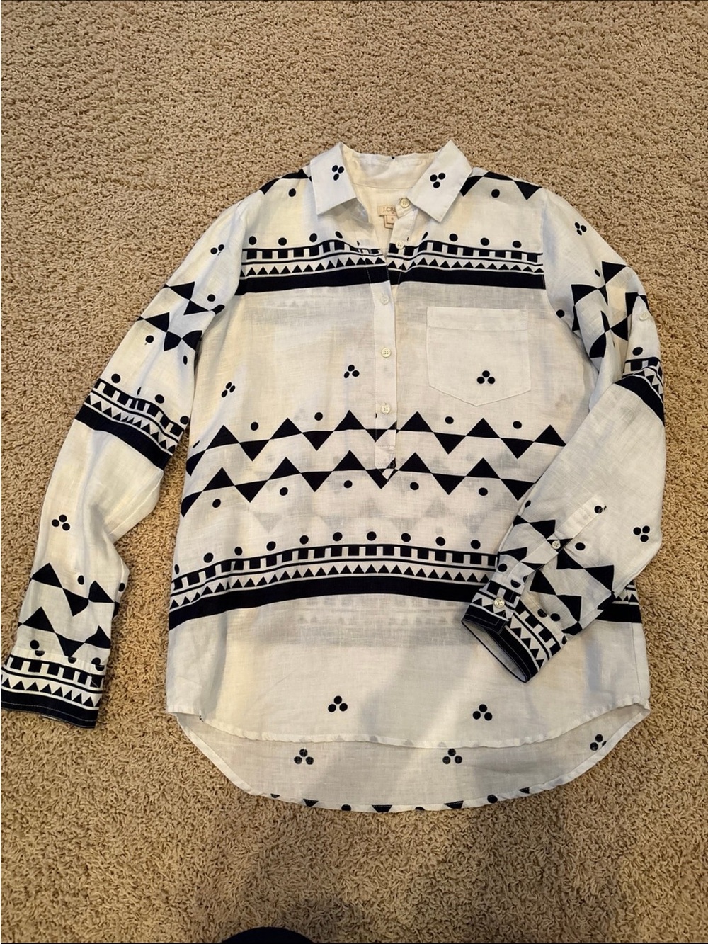 J. Crew White Button-Down Shirt with Navy Geometric Print